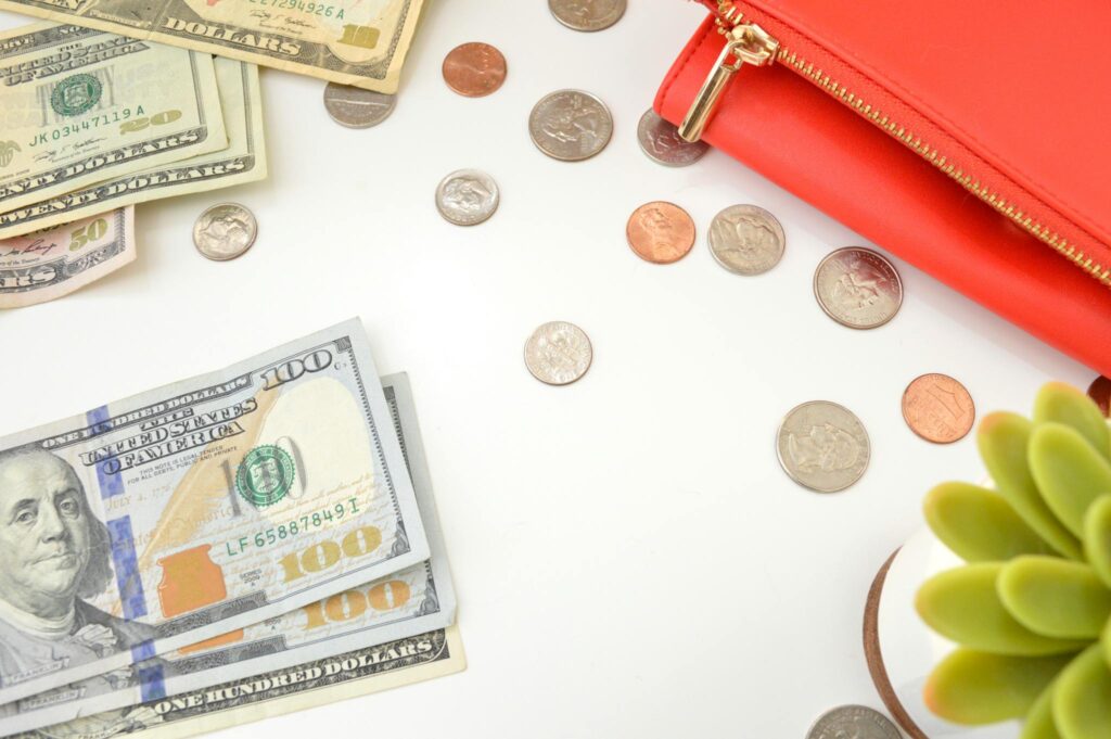 A top view of US dollar bills and coins scattered with a red wallet and succulent plant.